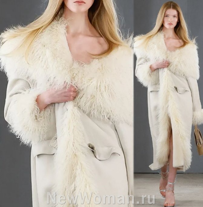 зимнее женское пальто из искусственной овчины цвета молока с пушистой меховой отделкой - Франция, мода 2024 года