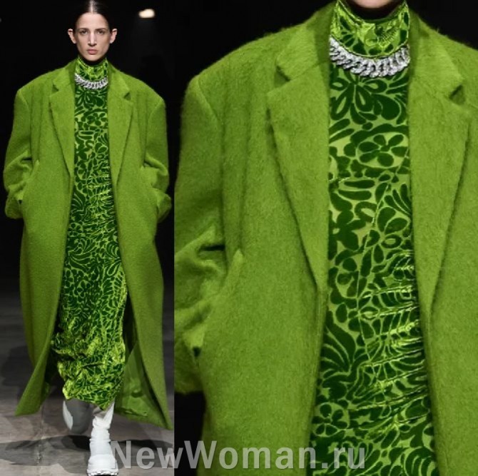 женское пальто миди оверсайз с широкими плечами - нежно-оливкового цвета, прямого силуэта с воротником и лацканами - мода 2024 года, Милан