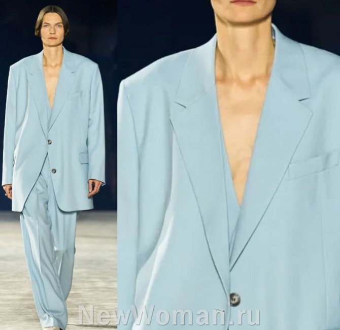 моде на женский деловой брючный костюм 2024 года - комплект мятного цвета с классическим пиджаком оверсайз, с топом и широкими брюками