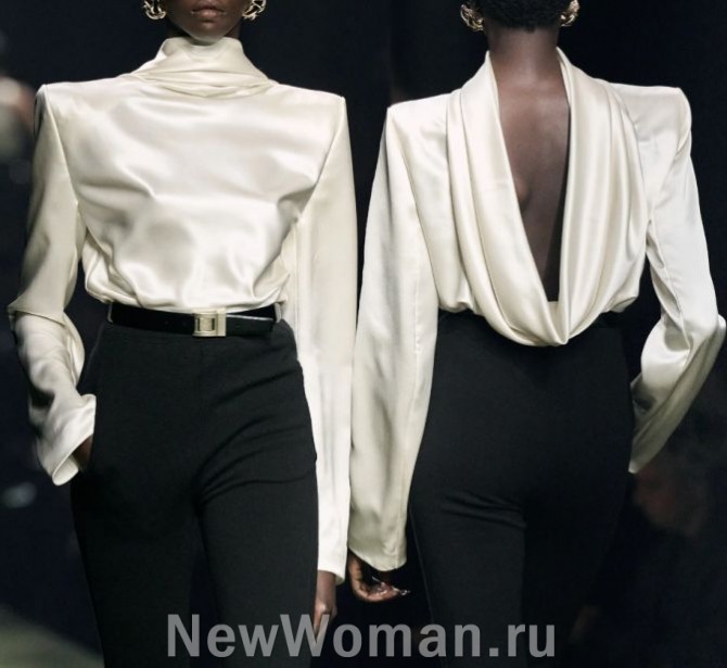 роскошная элегантная шелковая блузка в олдскульном стиле жемчужного цвета с открытой спиной