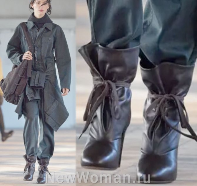 черные женские ботильоны из кожи, перевязанные шнурками - парижская уличная мода 2024