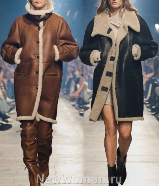 женская модная верхняя зимняя одежда 2024 года - дубленки кокон с вертикальными прорезными карманами, длина выше колена - подиум Париж