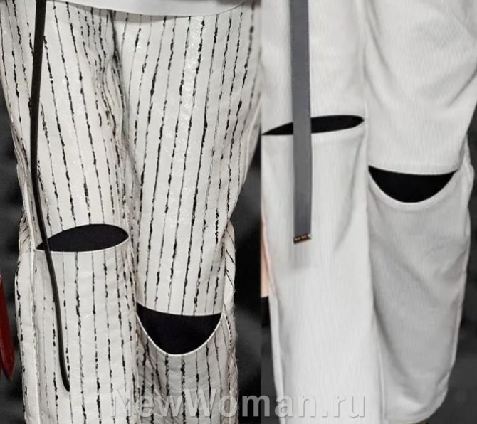 белые женские брюки 2024 года с разрезами и черными вставками на коленях - фото из коллекции Louis Vuitton, FALL 2023 READY-TO-WEAR, Франция