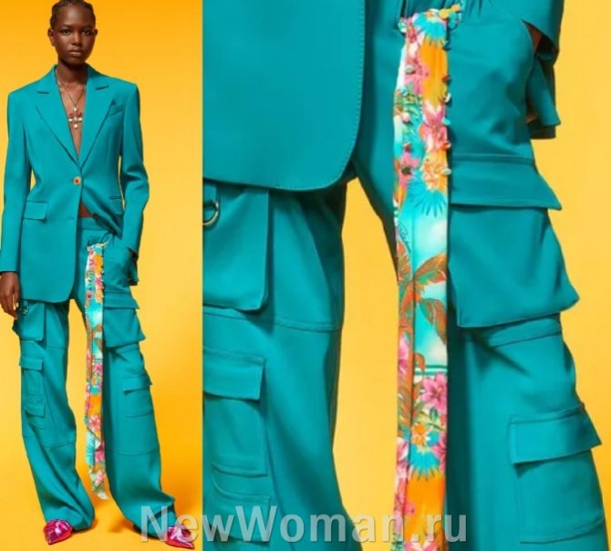 женские брюки карго в нарядном брючном комплекте 2024 года в циановом цвете