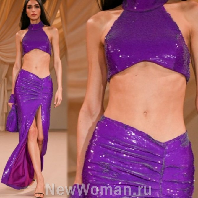 нарядный женский вечерний костюм 2024 года из пайеточной блестящей ткани - топ с американской проймой и длинная юбка с драпировкой