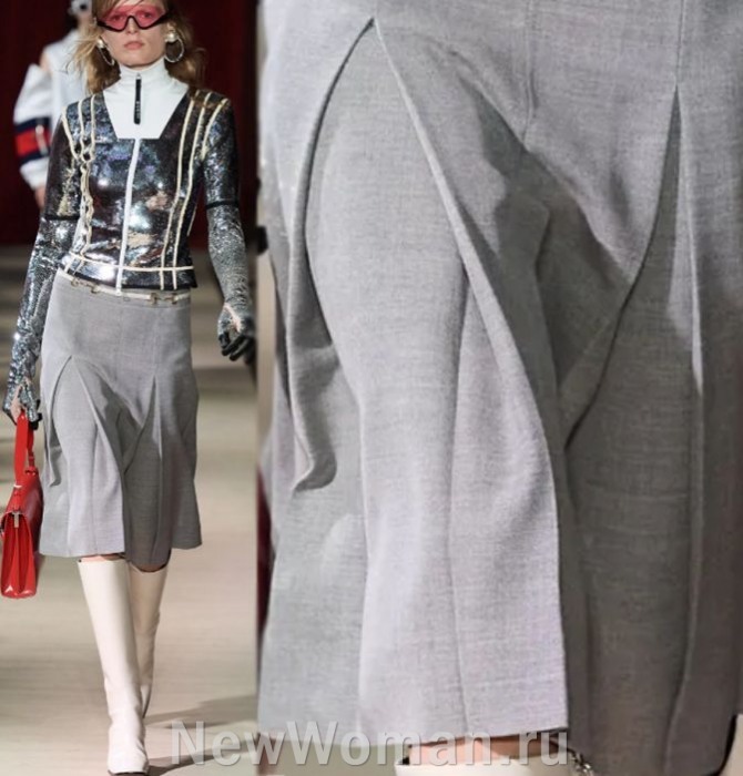 модные юбки 2024 года - серая юбка миди с двумя встречными складками спереди