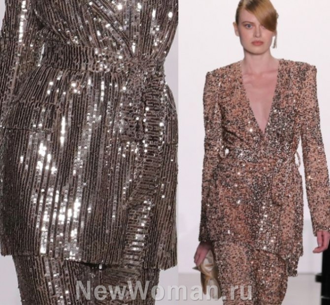 нарядные женские блестящие костюмы с Нью-Йоркской Недели моды на 2024 год - глиттер, пайеточная ткань, удлиненные жакеты с поясом