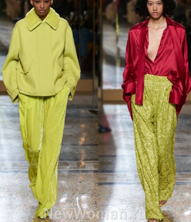 нарядные вечерние блестящие струящиеся женские брюки цвета лайма - тренды 2024 года из Милана