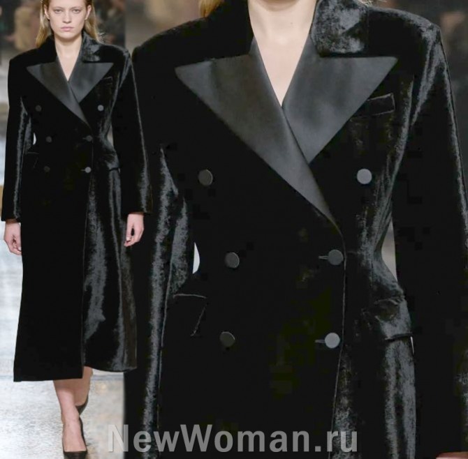 женское черное бархатное пальто-смокинг