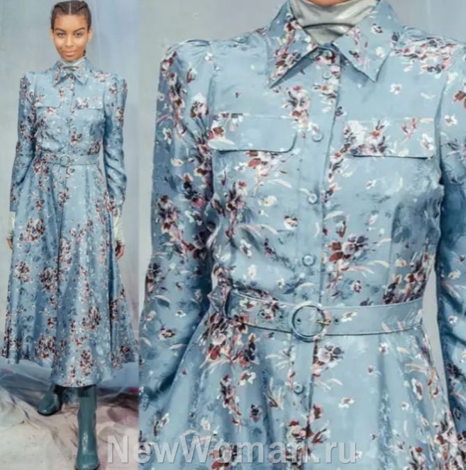 платье-рубашка миди с длинными рукавами, голубого цвета с цветочным принтом