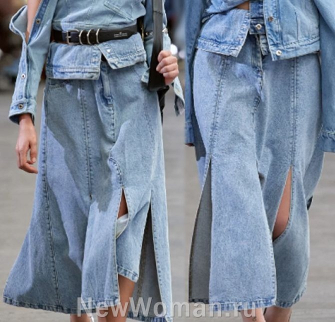 джинсовые юбки миди восьмиклинки годе с разрезами оп швам - женская мода 2024 года