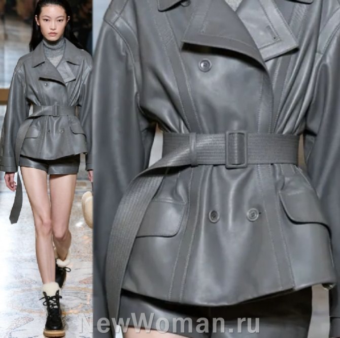 демисезонный женский очень модный в 2024 году комплект из искусственной кожи серого цвета - шорты мини и двубортная куртка-жакет с поясом 