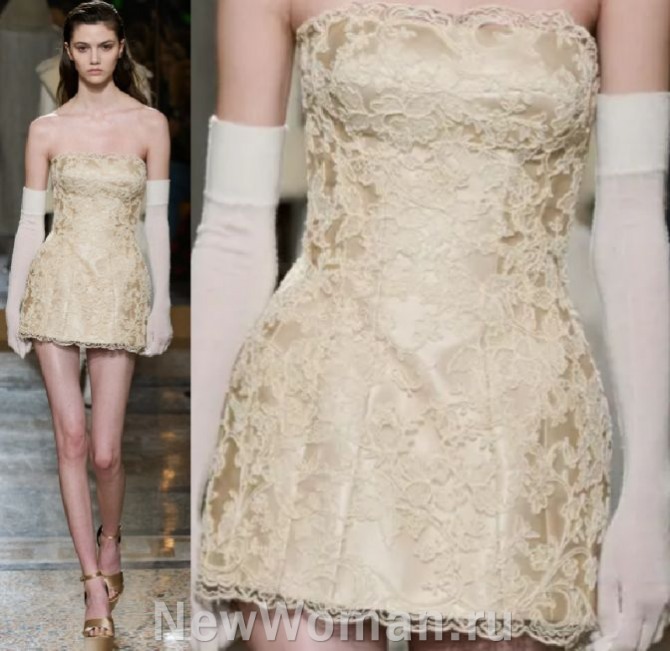 модное выпускное короткое платье из Италии на выпускной вечер 2024 года -  ажурное, кремовое, на атласном чехле