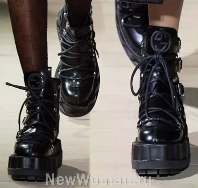 модные женские ботинки 2024 года на толстой рифленой подошве из черной глянцевой кожи
