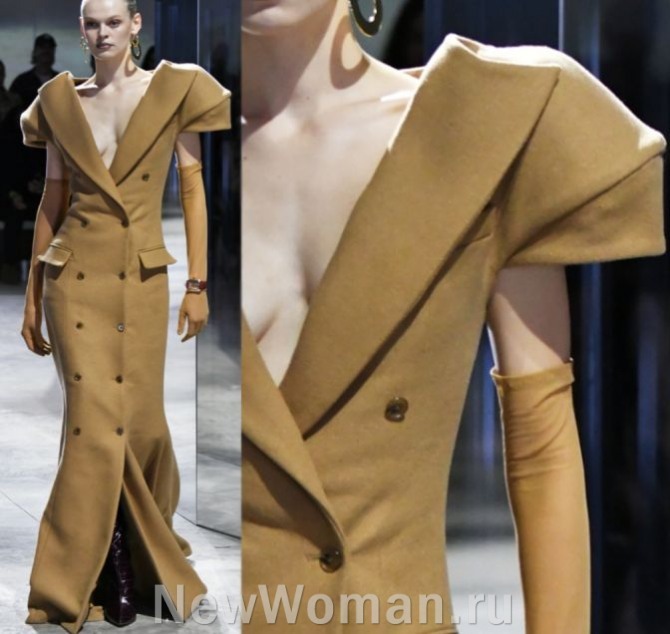 женское длинное платье-пальто горчичного цвета - с коротким рукавом, спущенными плечами и глубоким V-образным вырезом