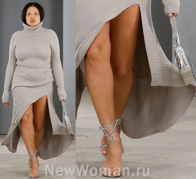 трикотажный модный костюм в рубчик 2024 года для полной девушки или женщины - свитер и юбка с высоким разрезом