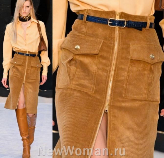фото офисно-делового стиля для женщин на 2024 год, с чем носить вельветовую юбку в военном стиле с накладными карманами военного образца