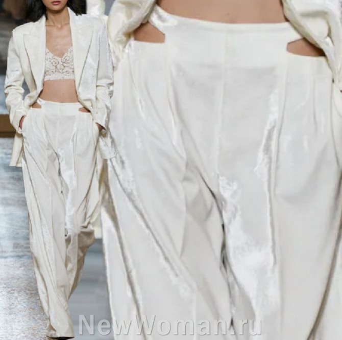 необычный фасон женских брюк 2024 года с высокой посадкой и вырезами на талии - тренды высокой моды от бренда Ermanno Scervino, FALL 2023 READY-TO-WEAR (Миланская неделя моды) 