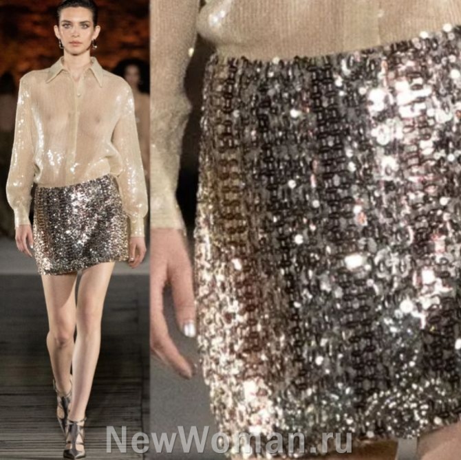 новогодняя блестящая короткая юбка глиттер в ансамбле с прозрачной переливающейся блузкой с длинным рукавом.