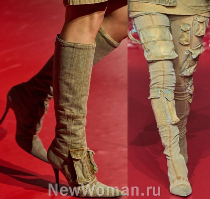 необычный дизайн женских сапог 2024 года - модели из джинсовой ткани с кармашками