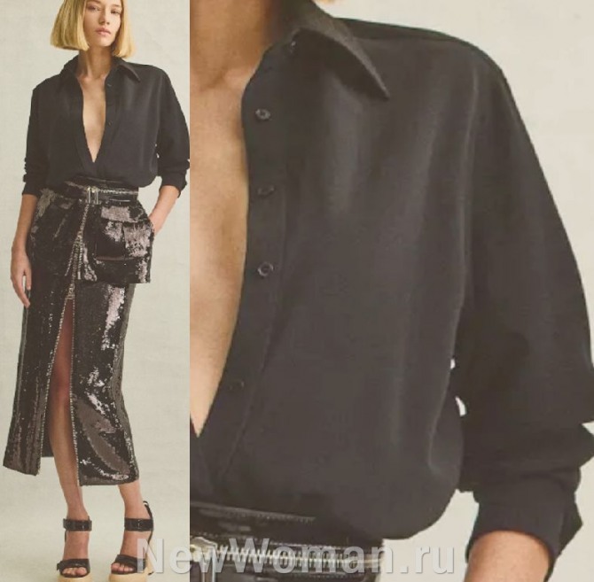 модные блузки 2024, черная шерстяная блузка-рубашка с узкой прямой юбкой миди из лаковой кожи со сквозной застежкой молнией