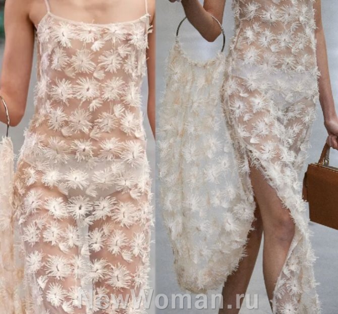 прозрачное летнее вечернее платье с цветочными аппликациями и две сумки - мода из Парижа на 2024 год