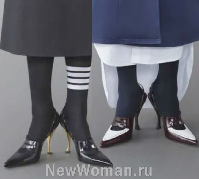 туфли слингбеки на изогнутой шпильке, с острым мысом и ремешками на подъеме стопы, черные, двухцветные бордово-белые