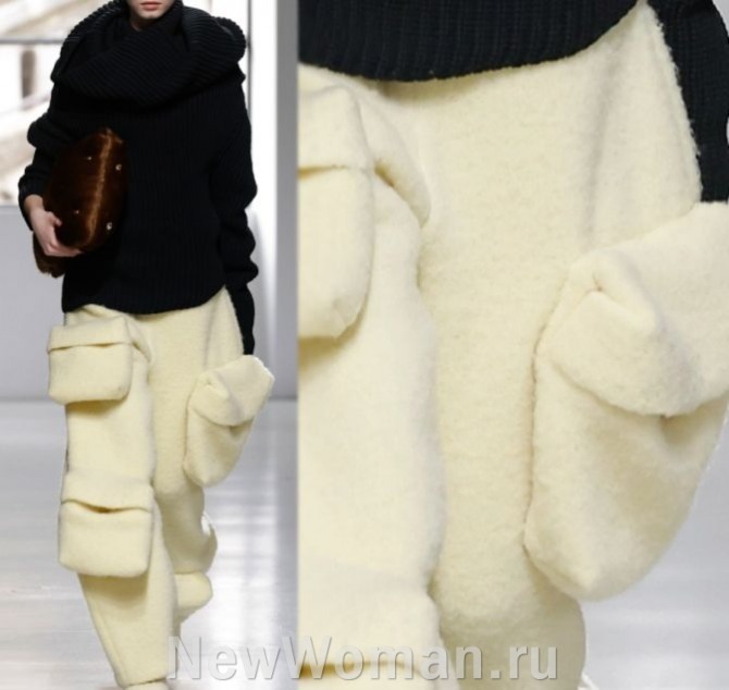 зимние брюки 2024 года - женские брюки-карго с накладными карманами в военном стиле, брюки из плюша сливочного цвета