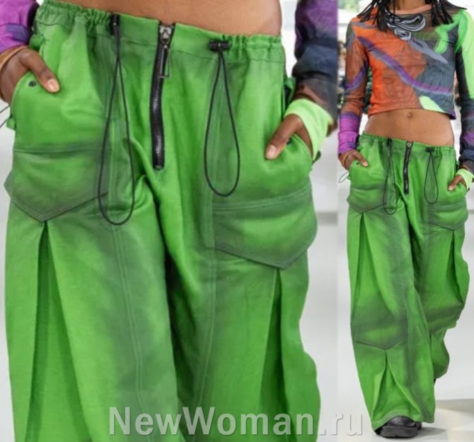 женские летние брюки-паруса с поясом-резинкой и кулиской, с застежкой на молнию, с низкой посадкой, цвет - ядовито-зеленый