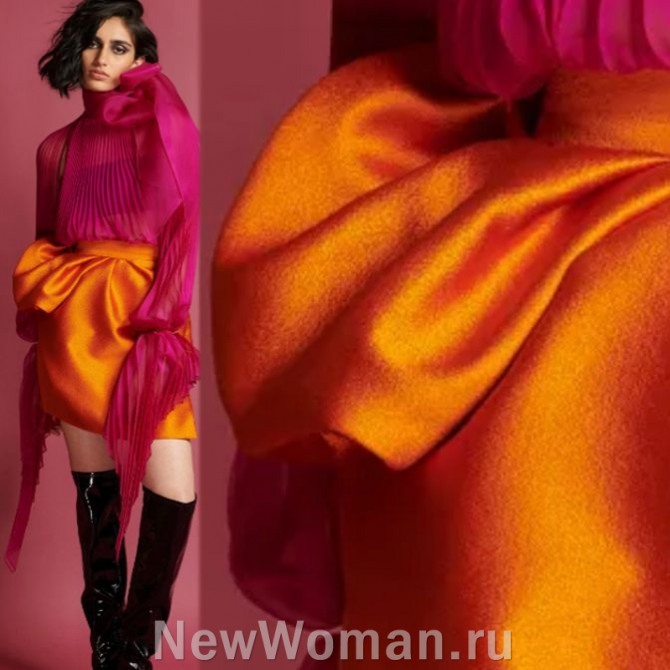 короткая вечерняя юбка оранжевого цвета с боковой баской - новинки дизайнерских юбок 2024 года