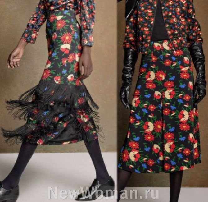 прямые юбки миди с высокой посадкой и ярким разноцветным цветочным рисунком.