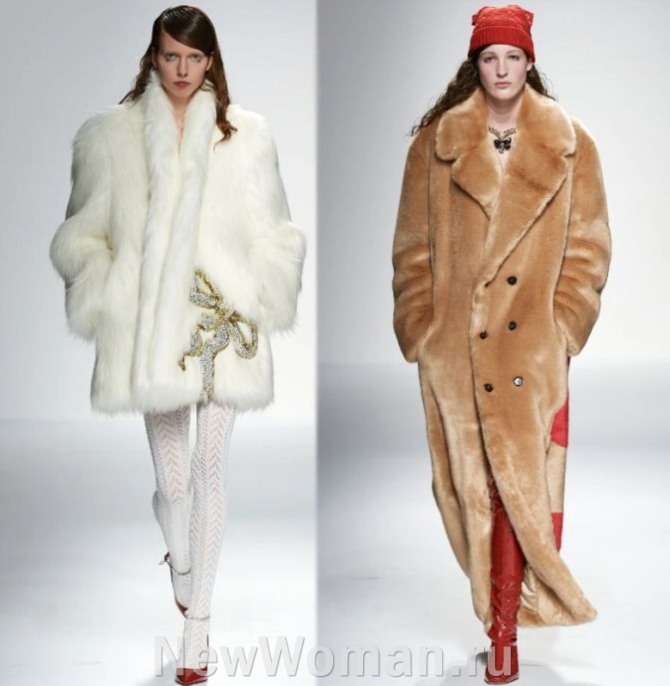 модные шубки 2024 года с Миланской Недели моды - белая короткая и светло-коричневая