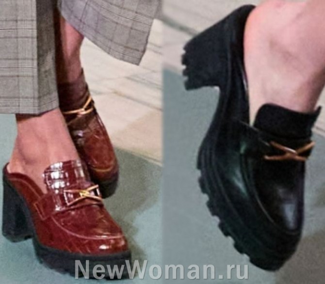 женская модная обувь 2024, туфли лоферы-мюли, кожаные мюли красного и черного цвета