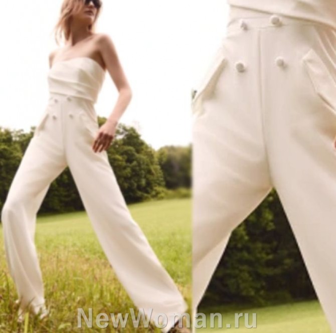 белые летние брюки с высокой посадкой для девушек, брюки с декором из пуговиц и клапанов