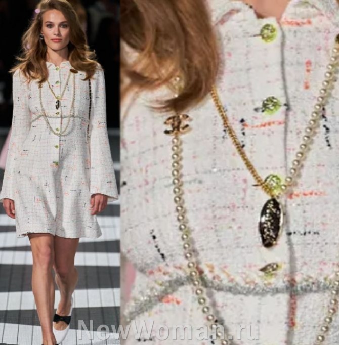 платья 2024 года от бренда Шанель - твидовое платье миди длины с длинными рукавами
