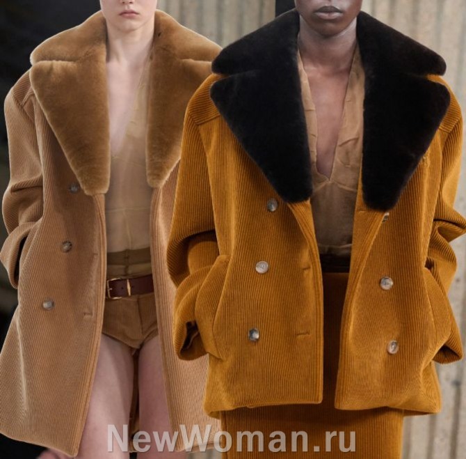 самые модные женские пальто 2024 года, модели из вельвета цвета кэмел, пальто с воротниками и лацканами из искусственного мутона