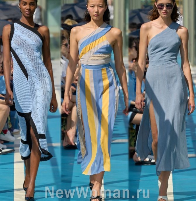 летние платья 2024 года с асимметричными плечами.