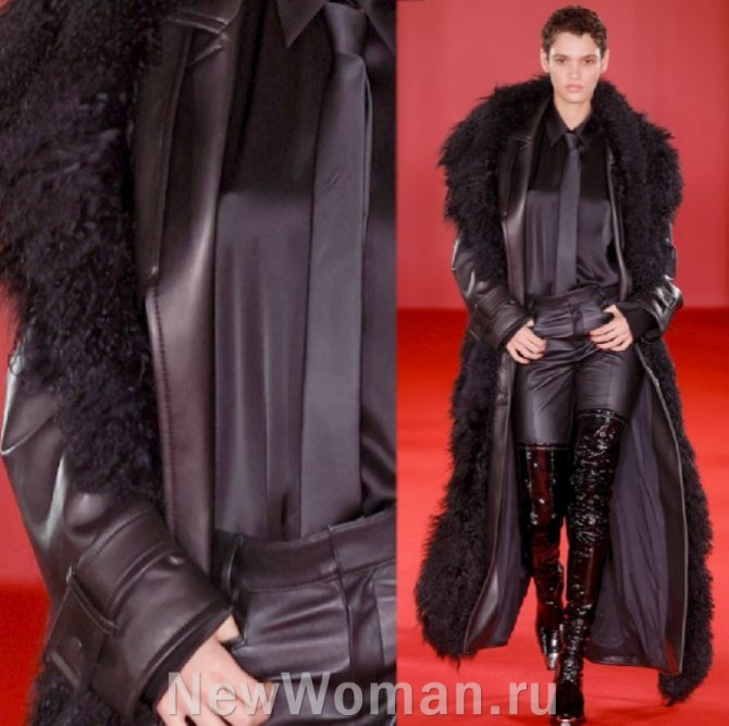 длинный кожаный женский коричневый плащ с длинным меховым палантином черного цвета