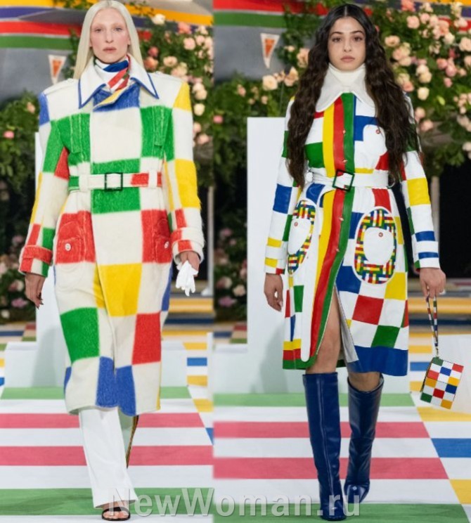 женские плащи 2024 с поясом с разноцветными яркими квадратами на белом фоне в стиле колорблок