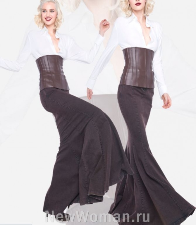 модные юбки 2024 года, коричневая джинсовая юбка макси с широким кожаным корсетным поясом
