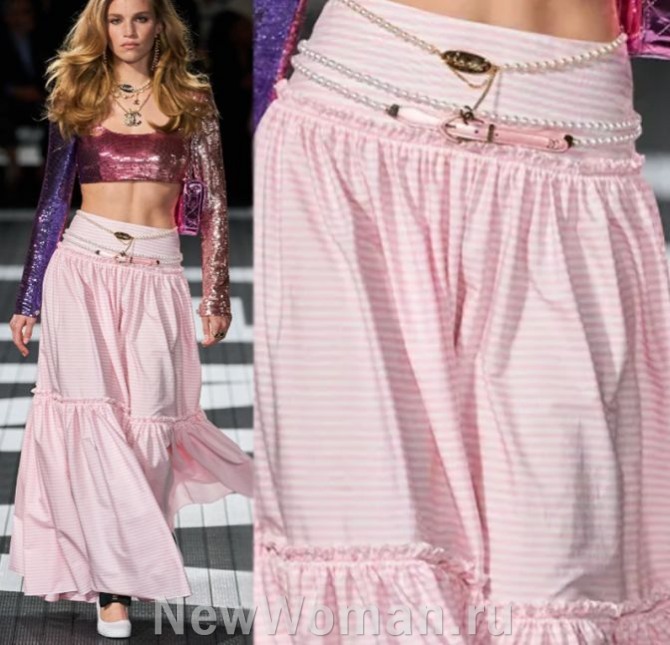 красивая летняя длинная многоярусная юбка на кокетке нежно-розовая с белым полосатым принтом