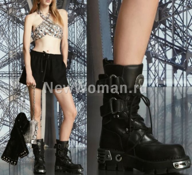 модный тренд 2024 - грубые женские сапоги с металлической фурнитурой в составе нарядного гламурного образа