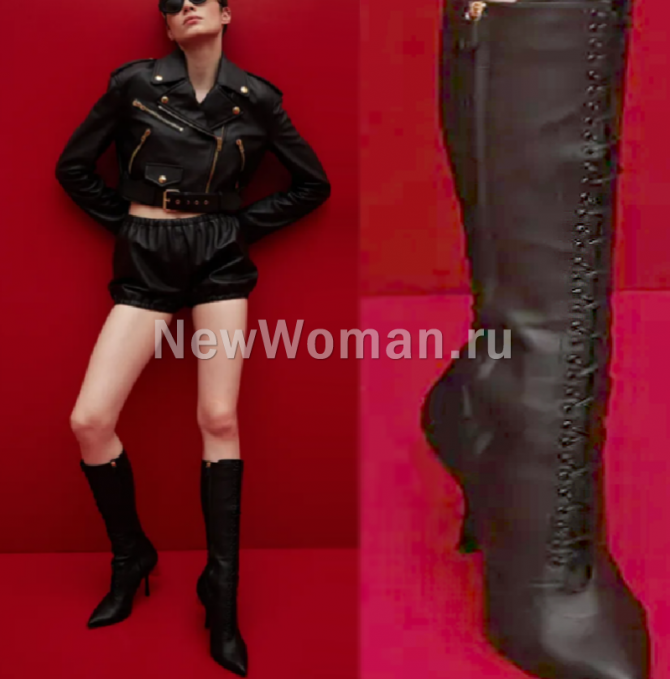 весенний образ 2024 для девушек в стиле кожаный тотал-блэк, стильный лук в байкерском стиле с косухой и кожаными сапогами на шнуровке