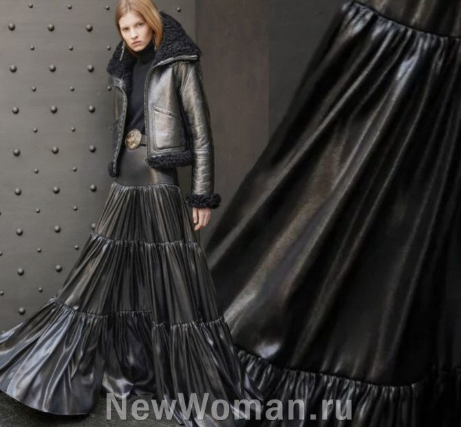 женская ярусная юбка макси на кокетке из искусственной кожи черного цвета, тренды юбочной моды 2024
