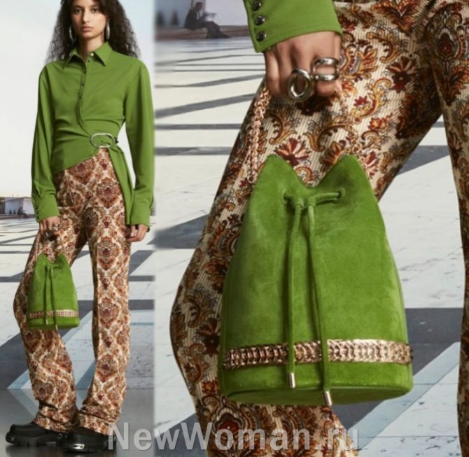 осенние модные сумки 2024 для девушек, зеленая замшевая сумка-ведро с застежкой на шнур-кулиску