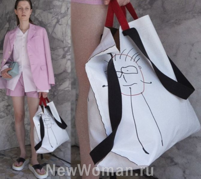 белая летняя сумка-шоппер с детским карандашным рисунком головы человека