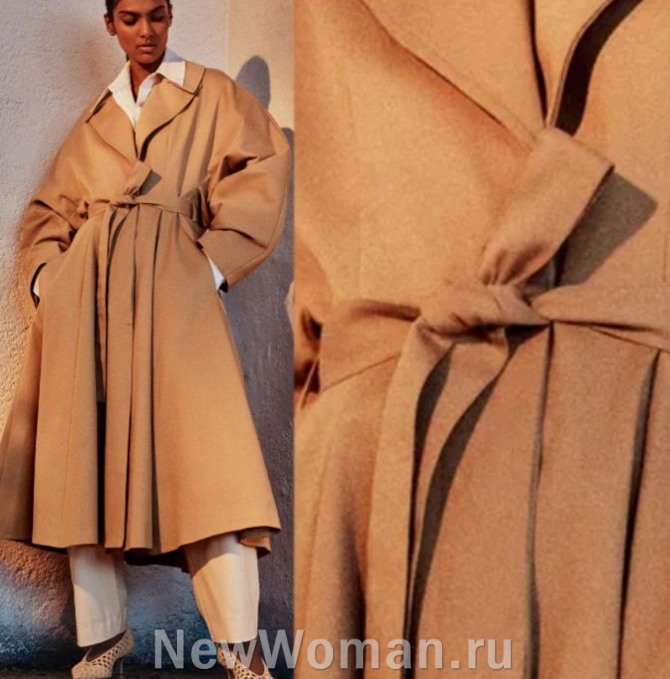 пальто-кимоно 2024 года длина миди с отрезной талией, рукавами-кимоно и пышной юбкой, цвет капучино