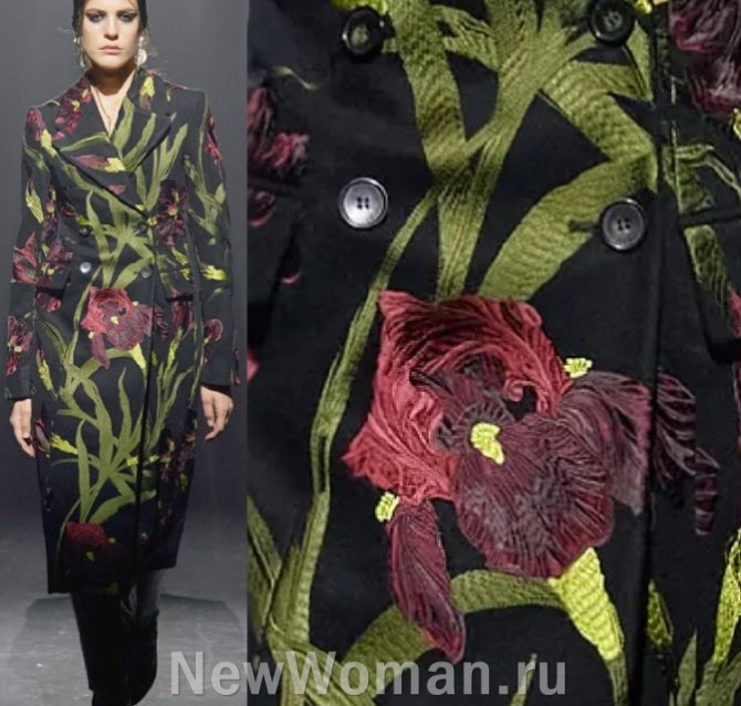 принтованные женские пальто 2024 года, женское черное пальто миди, цветочно-растительный зелено-красный принт