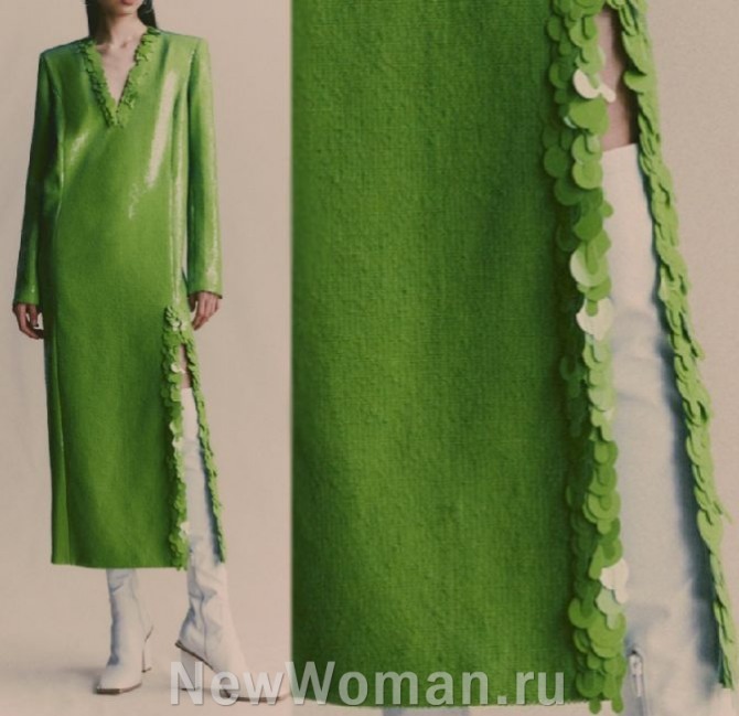 кожаное платье травянисто-зеленого цвета прямого силуэта с длинными рукавами