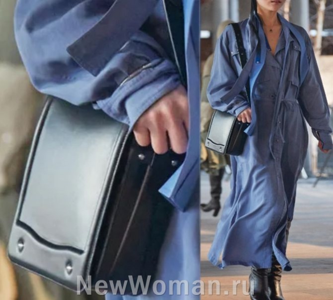 черная кожаная вытянутой прямоугольной формы деловая женская сумка 2024, сумка кросс-боди мессенджер, почтальонка